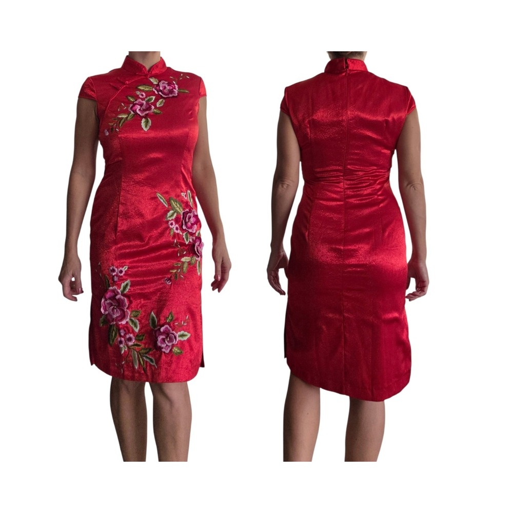 Traditional Chinese Red Cheongsam Qipao Floral Embroidered Dress S Mandarin NEW